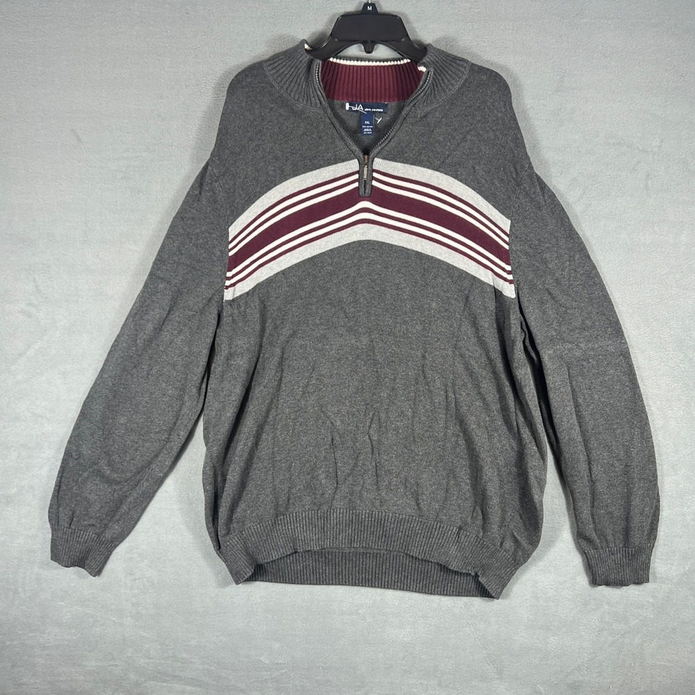 John Ashford Mens Sweater XXL Gray Burgundy White Striped 1/4 Zip Pullover Vtg